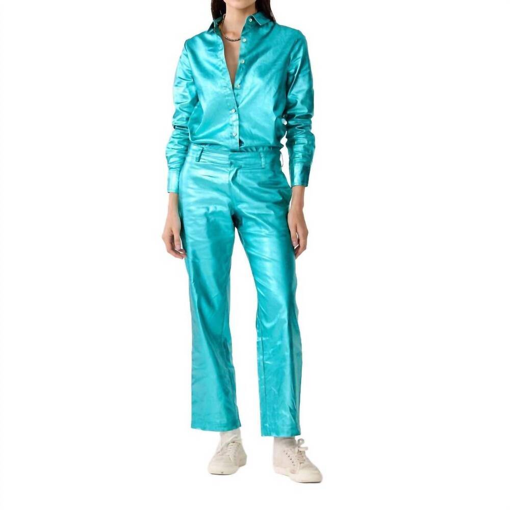 NEW LANHTROPY astro metallic linen pants in turquoise